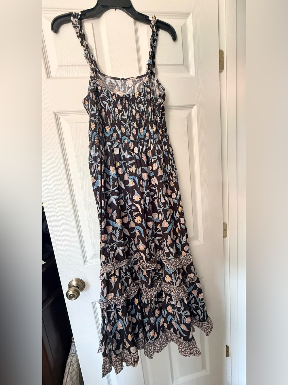 Target Black Floral Braided-Strap Maxi Dress with Blue and Cream Motif